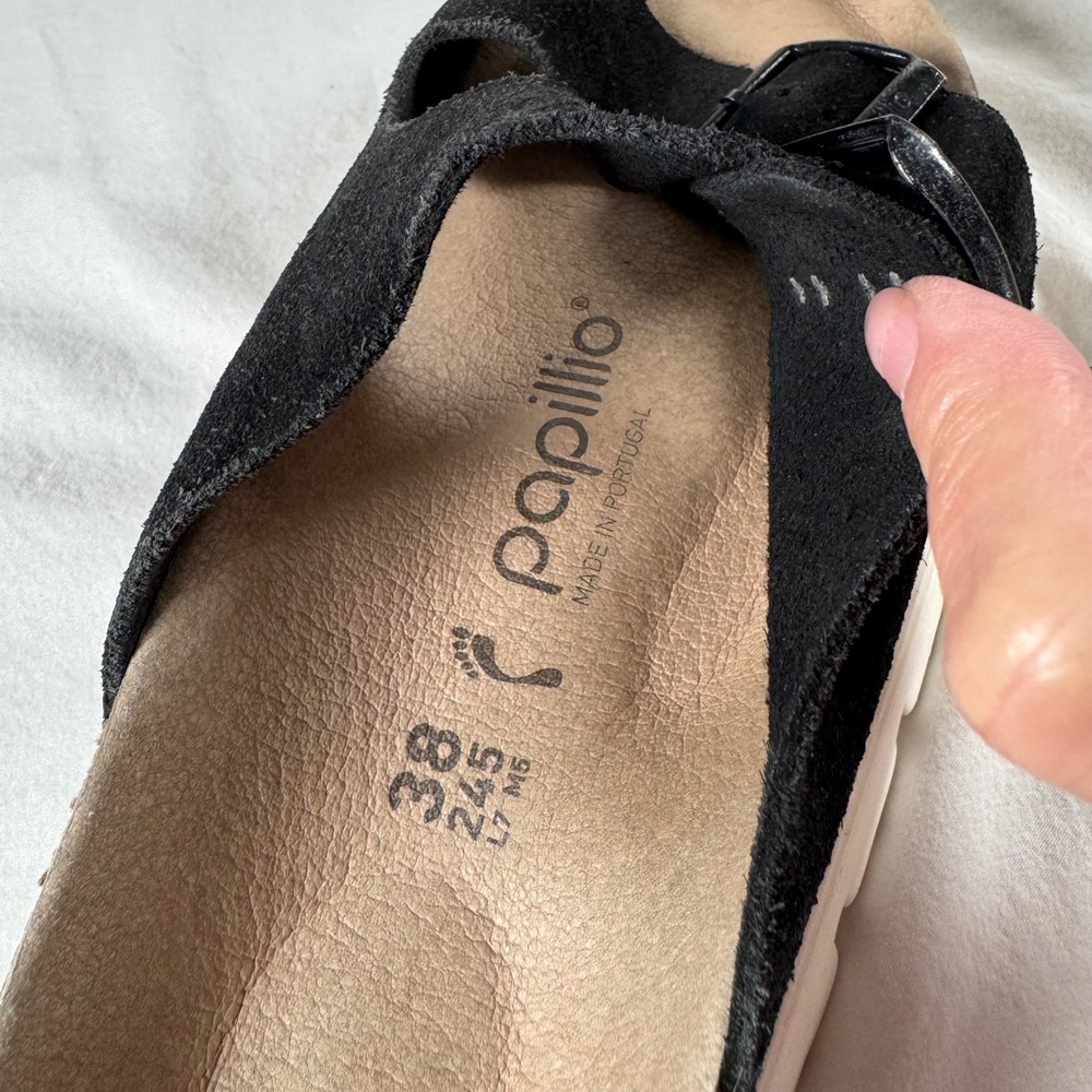 Papillio Birkenstock Size 38/7.5 Black Suede Double Strap Platform Sandals - Picture 3 of 7